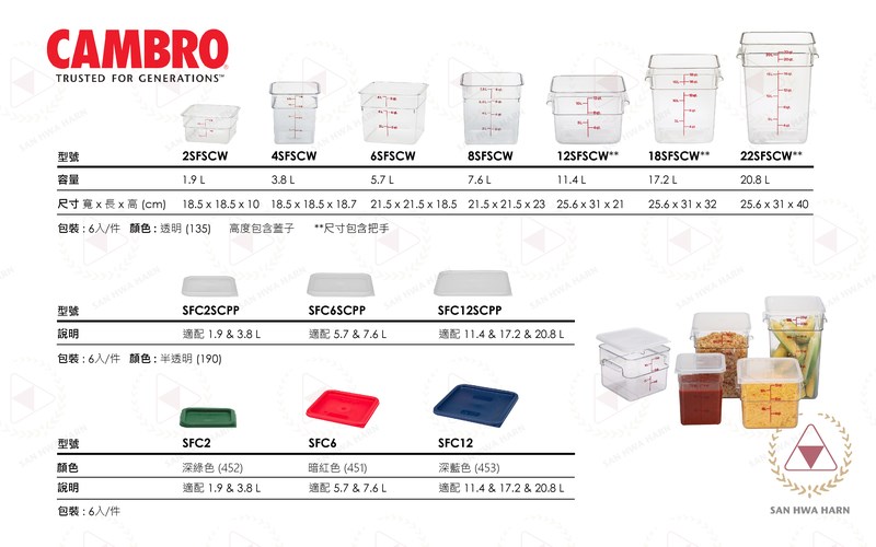 CAMBRO方型食品儲存保鮮盒保鮮盆保鮮桶&方型蓋各式尺寸表