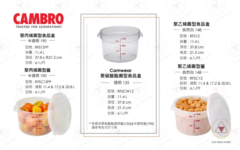 CAMBRO聚碳酸酯11.4L透明(135)圓型食品儲存保鮮盒保鮮桶保鮮盆型號RFSCW12,聚丙烯11.4L半透明(190)圓形保鮮盆型號RFS12PP,聚丙烯半透明(190)圓形保鮮蓋型號RFSC12PP,聚乙烯11.4L自然白(148)圓形保鮮盆型號RFS12,聚乙烯自然白(148)圓形保鮮蓋型號RFSC12