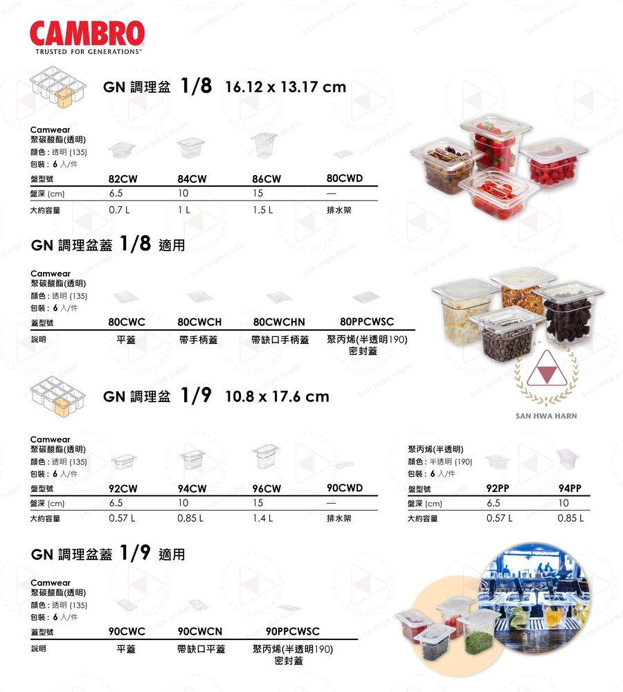CAMBRO GN1/8和1/9調理盆含蓋保鮮盒